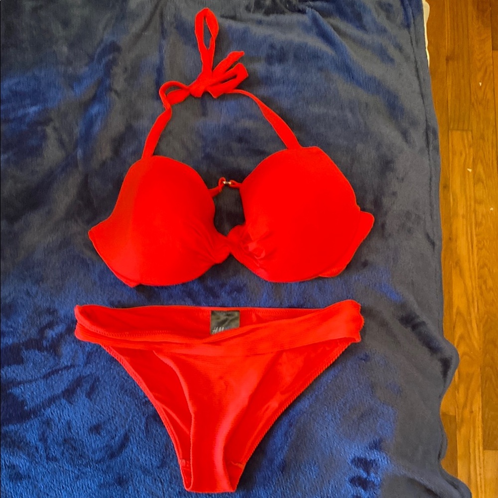 H&M Red Bikini Set bottoms size 4, top 36 D